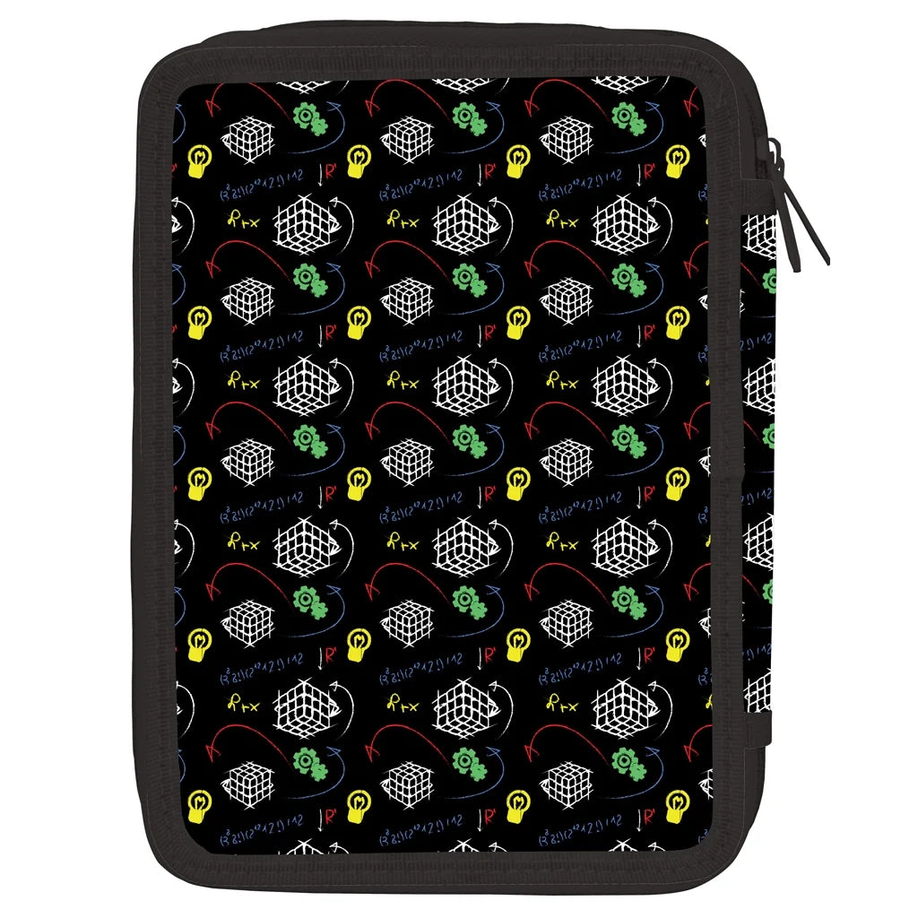 Black pencil case with repeating cube and lightbulb icons, zip top