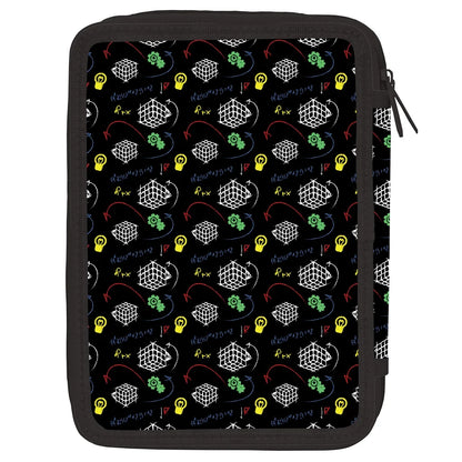 Black pencil case with repeating cube and lightbulb icons, zip top