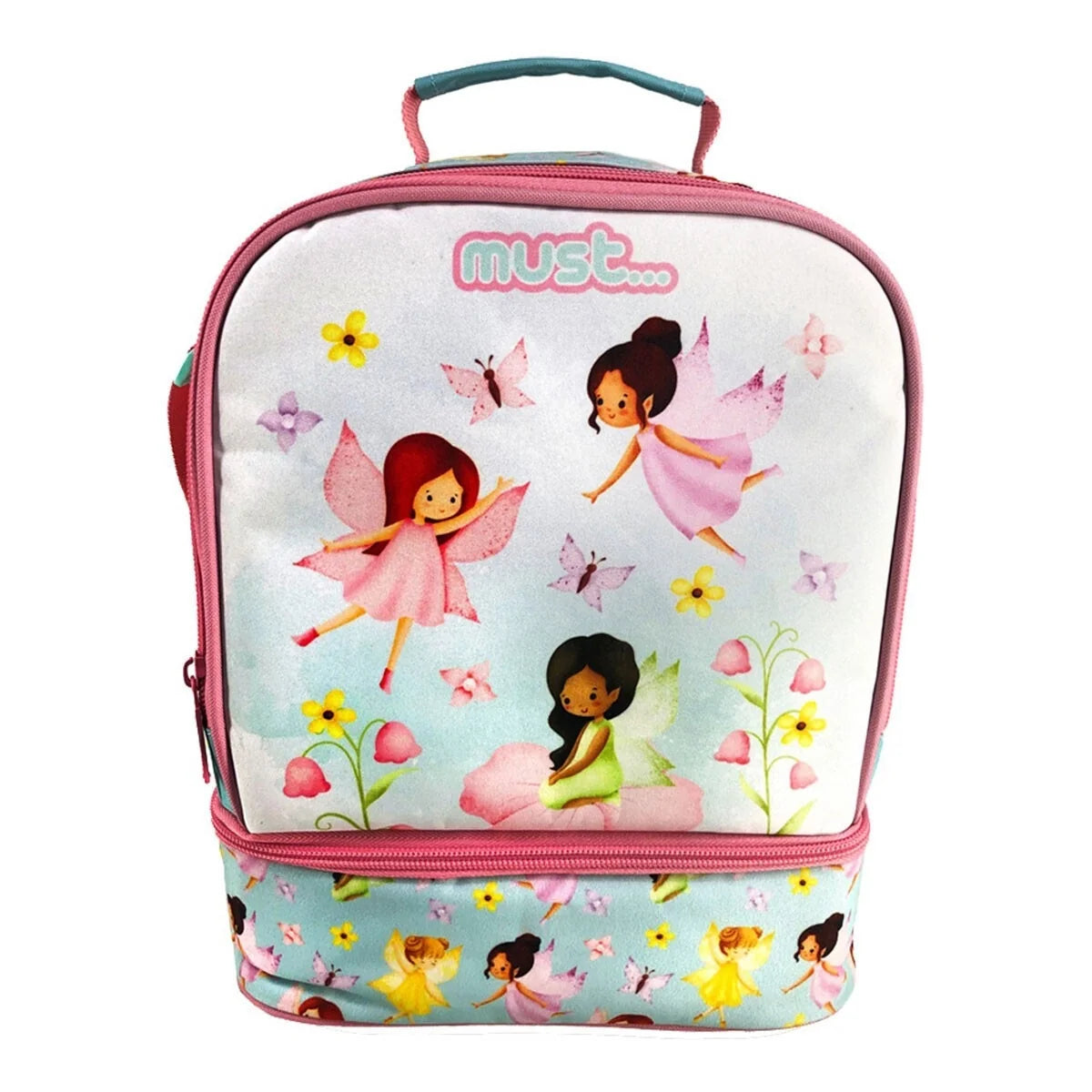 Insulated lunch bag with fairy print, pink zipper and top handle