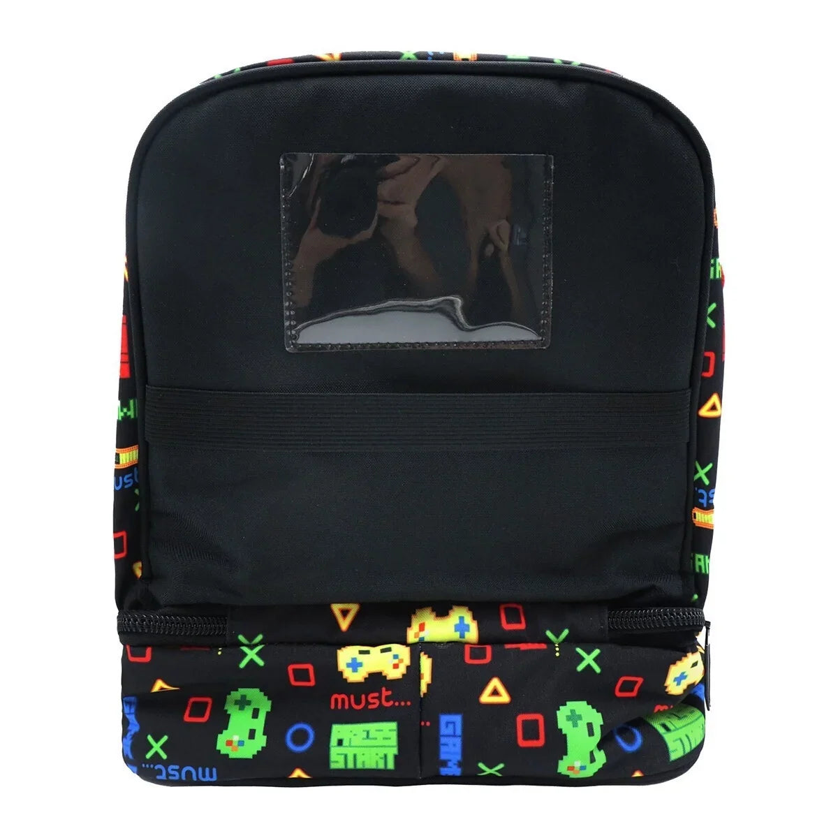 MUST isothermal lunch bag, black back with clear label window and pixel game graphics