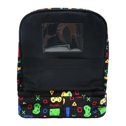 Insulated lunch bag, black fabric with logo patch and colorful game pattern trim