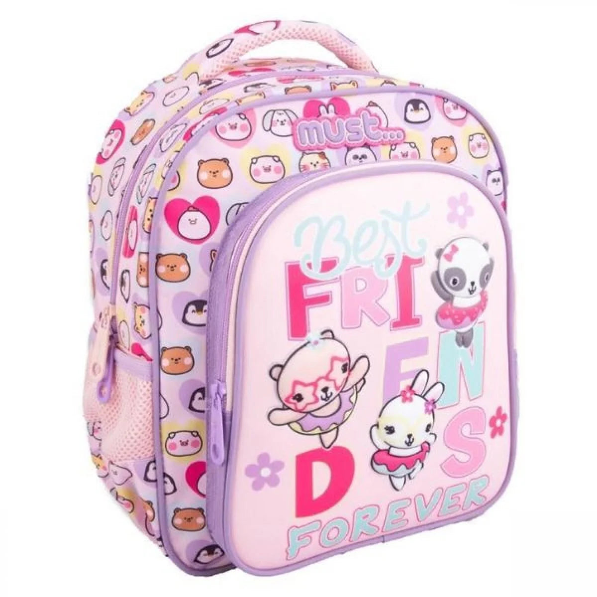 Kids backpack with cute animal faces, front zip pocket, lavender and pink design