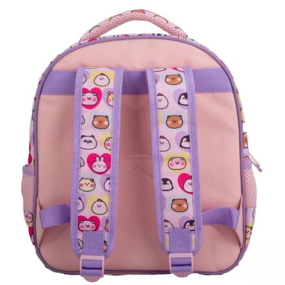 Kids backpack back view with adjustable shoulder straps and two front compartments, pastel