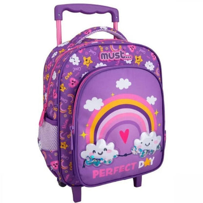 Kids trolley backpack, purple with rainbow clouds cartoon, front zip panel, rolling wheels