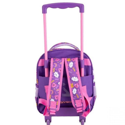 Kids rolling trolley bag with backpack straps, purple shell and rainbow cloud print