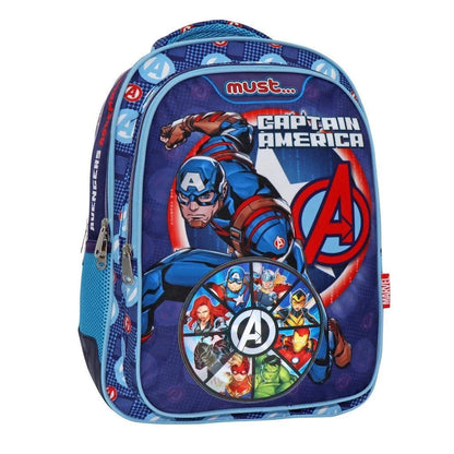 Blue Avengers themed backpack with Captain America and shield front graphic, top handle
