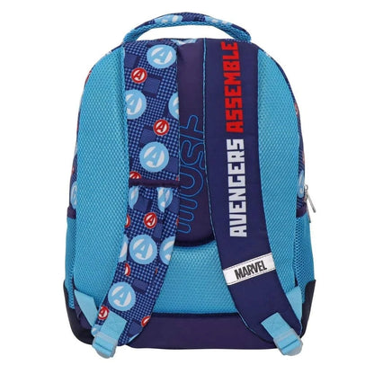 Blue Avengers backpack back panel with adjustable straps and large vertical Avengers print