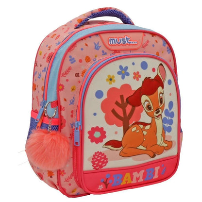 Pink character 3D backpack with front zipper pocket and plush pom-pom charm