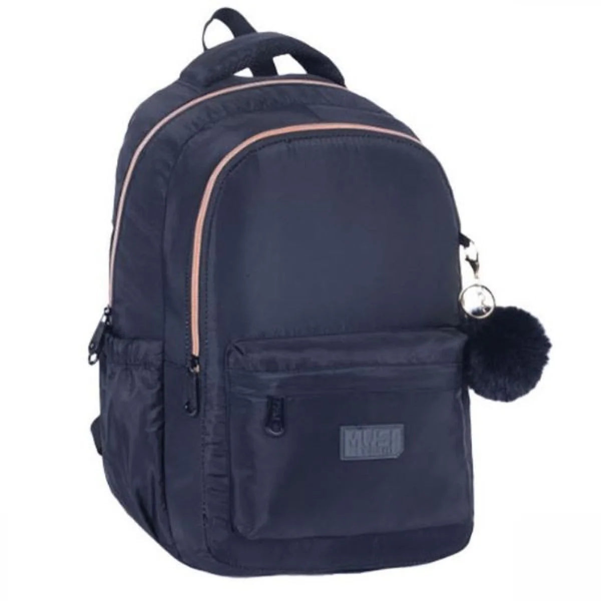 MUST backpack with front zip pocket, top handle, adjustable straps, keychain pom