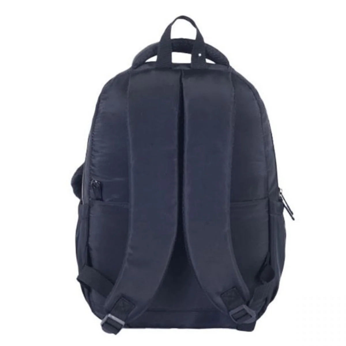 Back view backpack with two adjustable shoulder straps and top handle, dark fabric