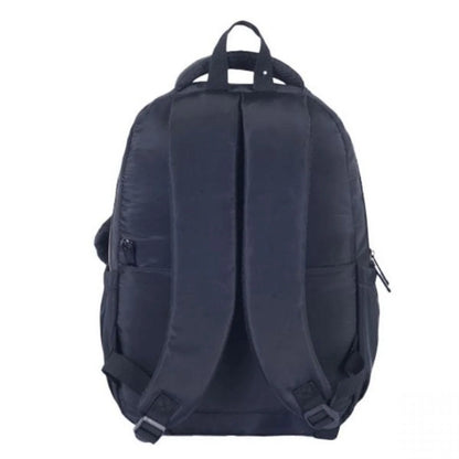 Back view backpack with two adjustable shoulder straps and top handle, dark fabric