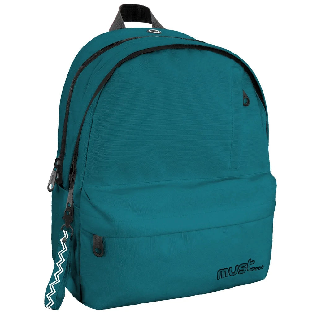 Teal monochrome backpack with front zipper pocket and side pull tab