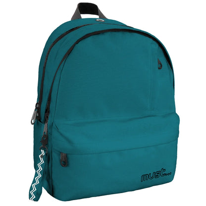Teal monochrome backpack with front zipper pocket and side pull tab