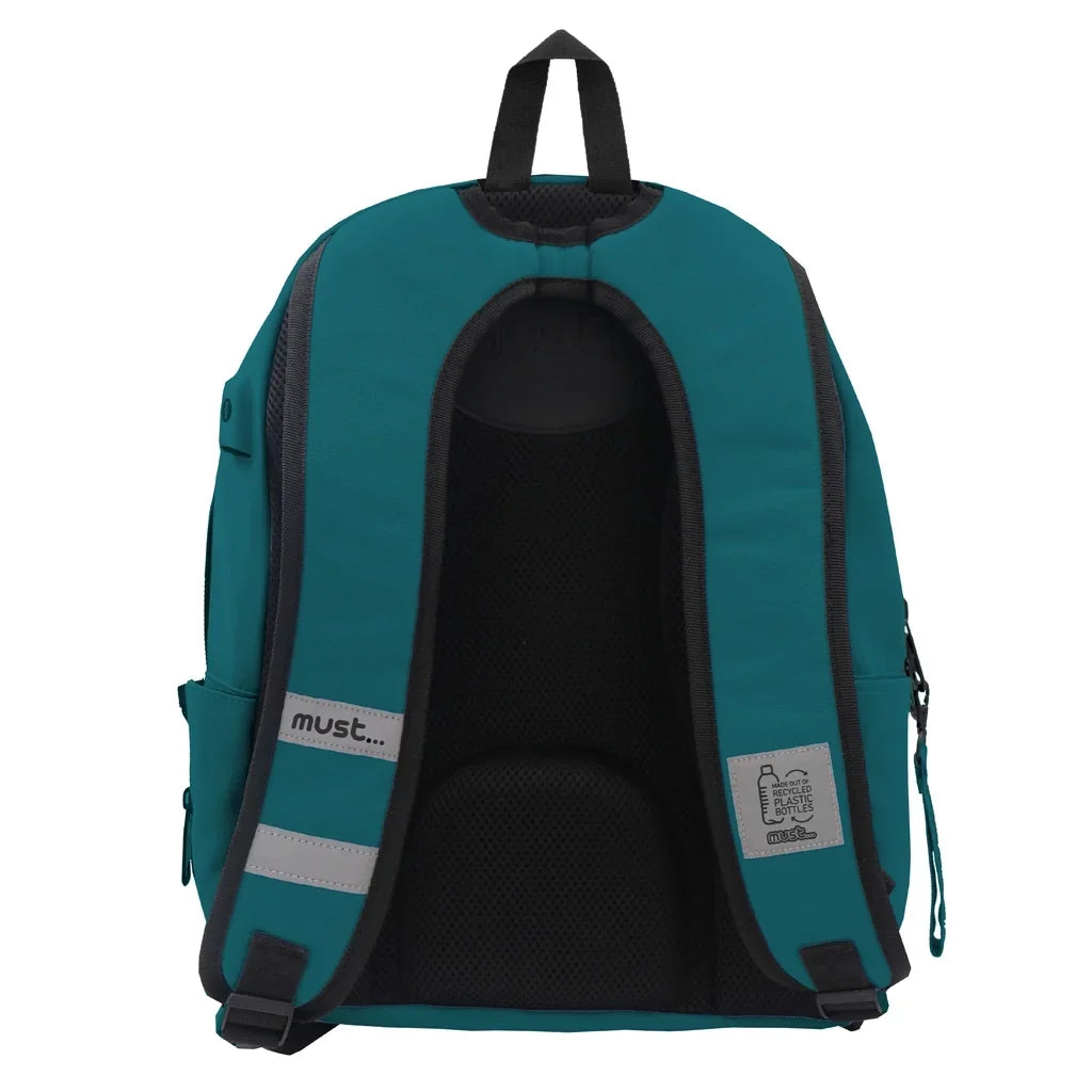 Teal backpack with black padded back panel and internal mesh pocket.