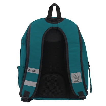 Teal backpack with black padded back panel and internal mesh pocket.