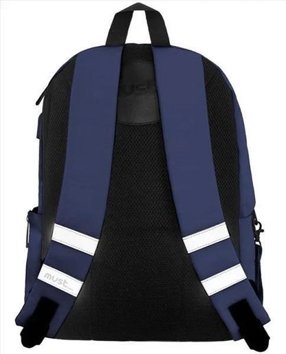 Navy backpack back view with mesh panel, padded straps, and must logo patch
