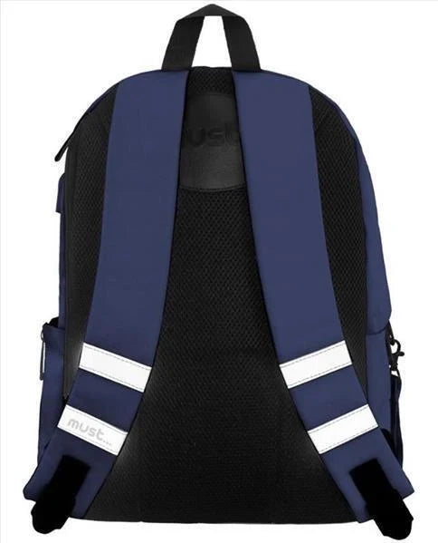 Navy backpack with padded shoulder straps, mesh back panel, and reflective bands