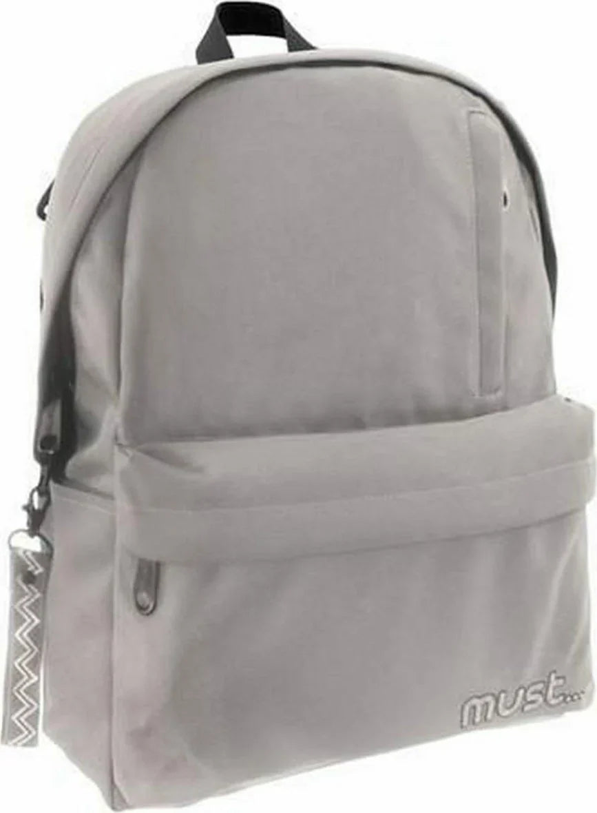 Light grey backpack with front zip pocket, side zipper pulls, and must logo