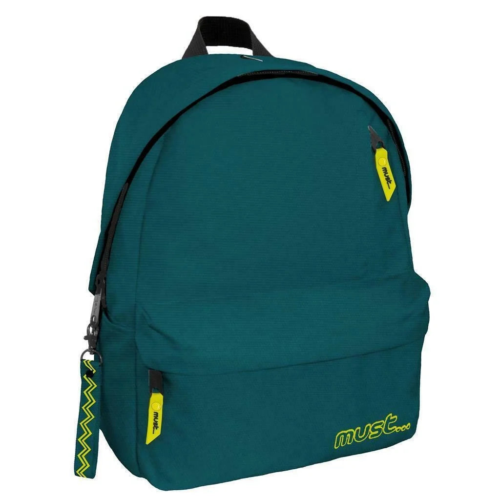 Monochrome green backpack with front zip pocket and yellow brand accents