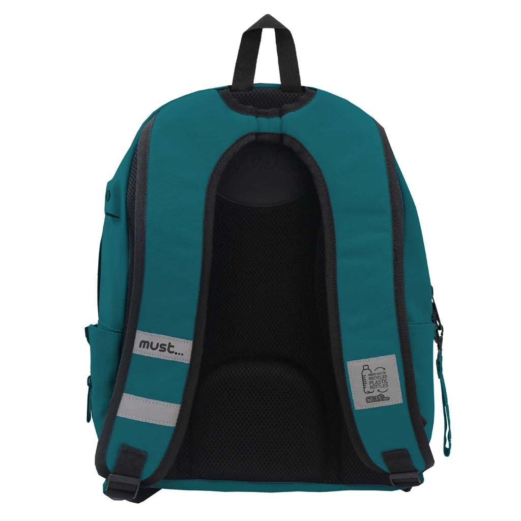 Monochrome green backpack with padded back panel and mesh interior organizer