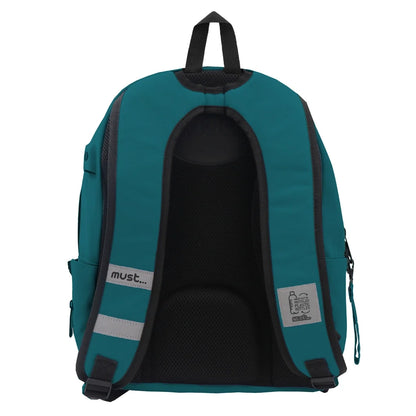 Monochrome green backpack with padded back panel and mesh interior organizer