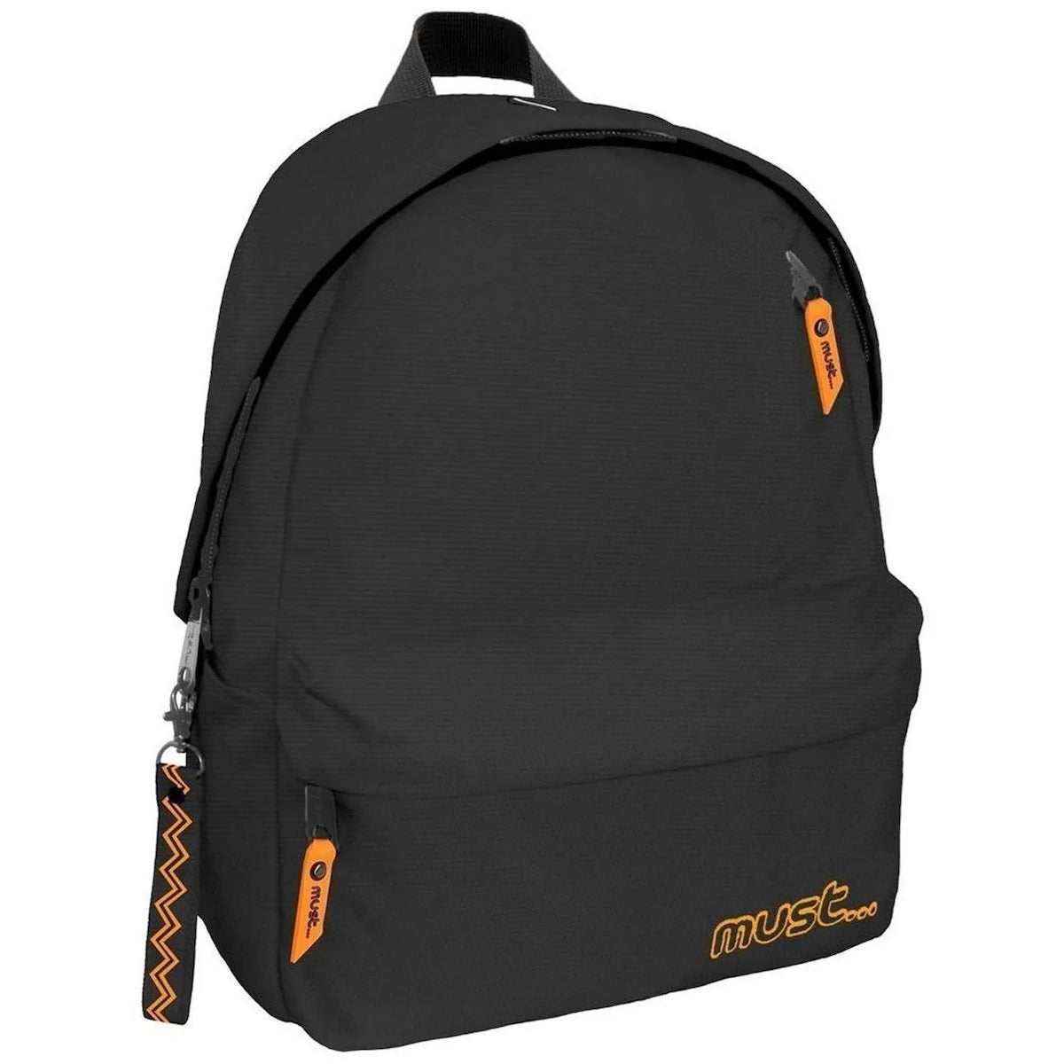 Black MUST backpack with front pocket, top handle, adjustable shoulder straps, orange accents