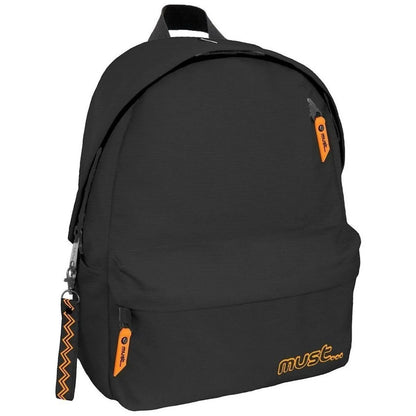 Black MUST backpack with front pocket, top handle, adjustable shoulder straps, orange accents