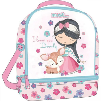 MUST isothermal lunch bag, light blue and pink with girl, deer, and flower pattern