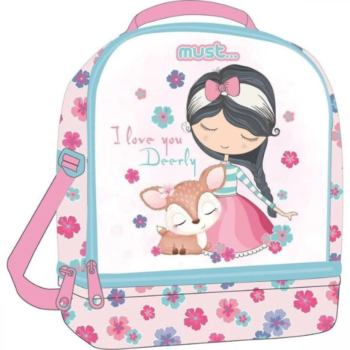 Kids isothermal lunch bag with deer and girl illustration, pastel blue and pink