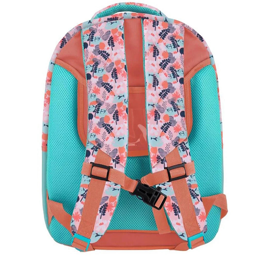 Kids backpack with pink flower print, teal side panels, orange adjustable straps