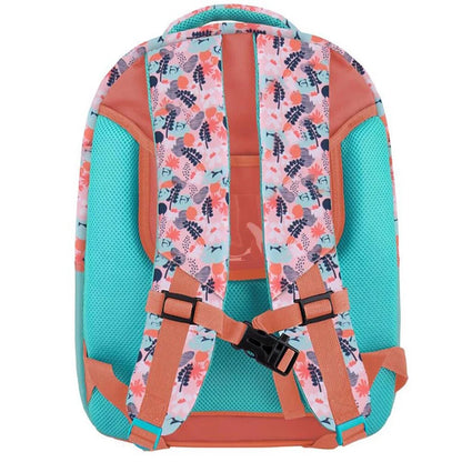 Kids backpack with pink flower print, teal side panels, orange adjustable straps