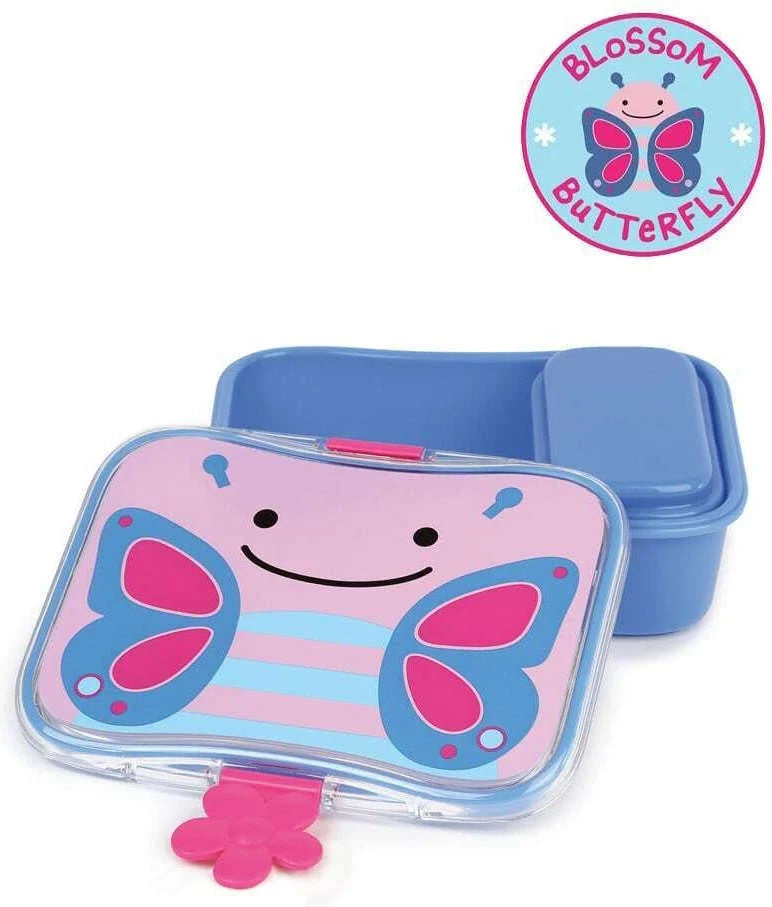 Blue butterfly kids lunch kit with clear lid and smiley butterfly graphic front.