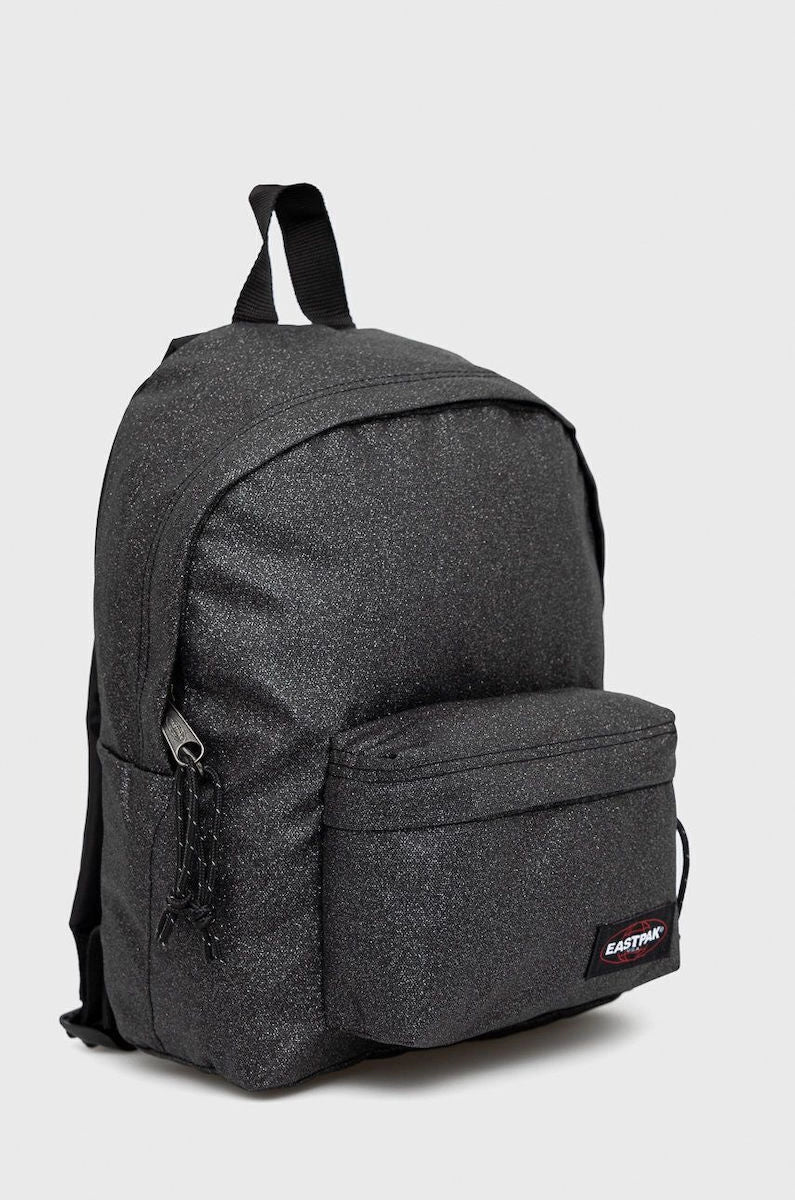 Small black textured backpack with front pocket and padded straps