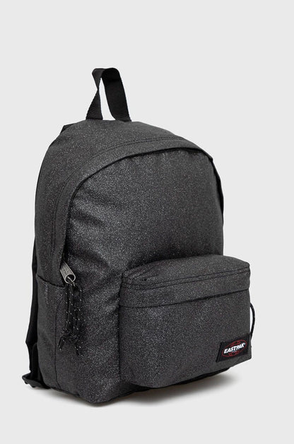 Small black textured backpack with front pocket and padded straps