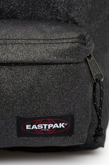 Black textured backpack side panel with Eastpak logo patch and zipper pull