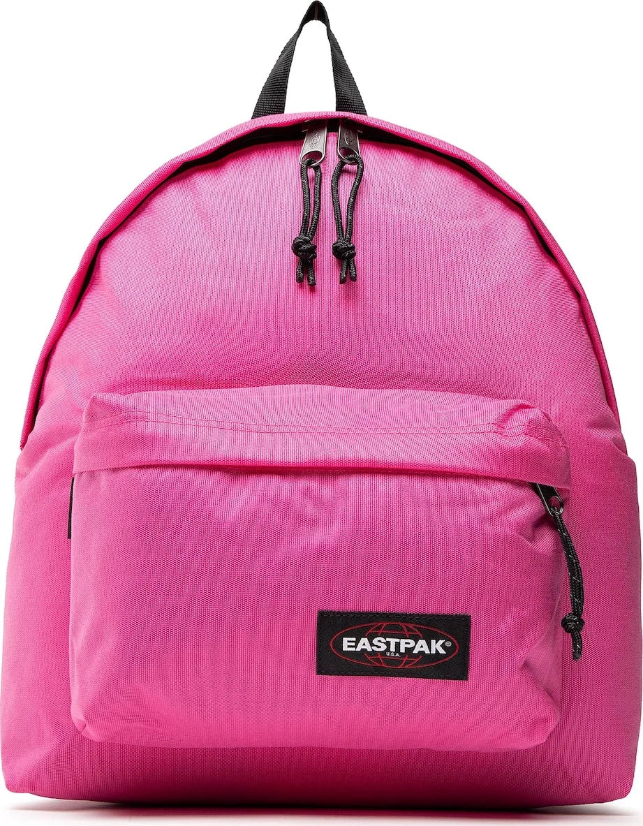 Pink padded backpack with black Eastpak logo patch and top front zipper