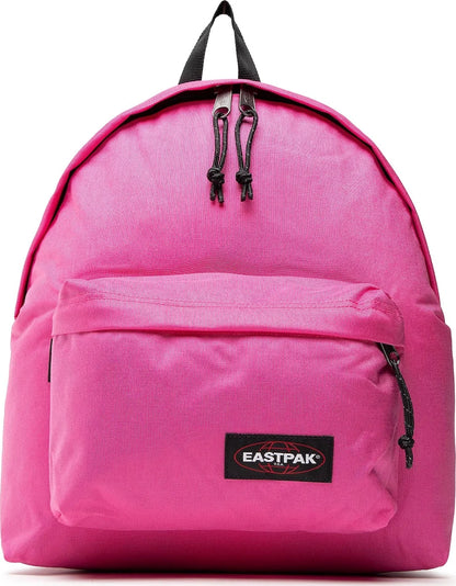Pink padded backpack with black Eastpak logo patch and top front zipper