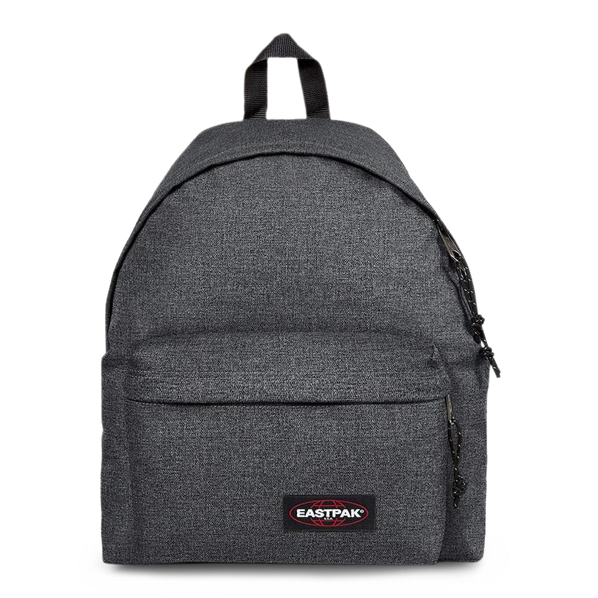 Black denim mini backpack with padded front panel, top handle, Eastpak logo patch.