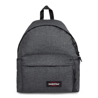 Black denim mini backpack with padded front panel, top handle, Eastpak logo patch.