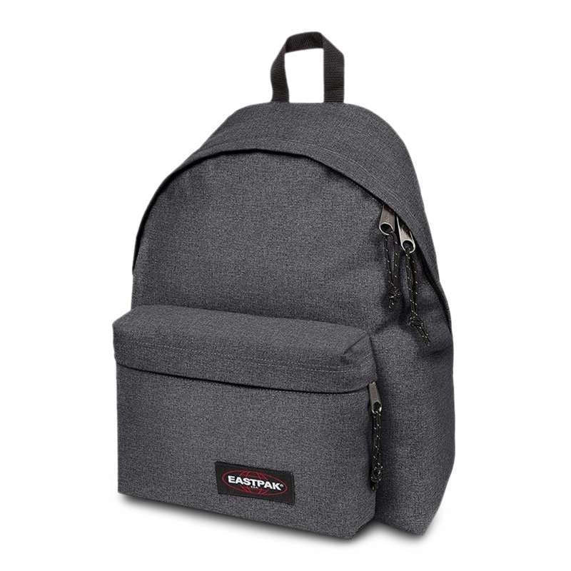 Dark denim backpack with front zip pocket, adjustable straps, Eastpak logo patch.