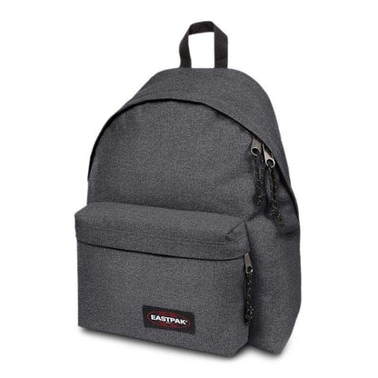 Dark denim backpack with front zip pocket, adjustable straps, Eastpak logo patch.