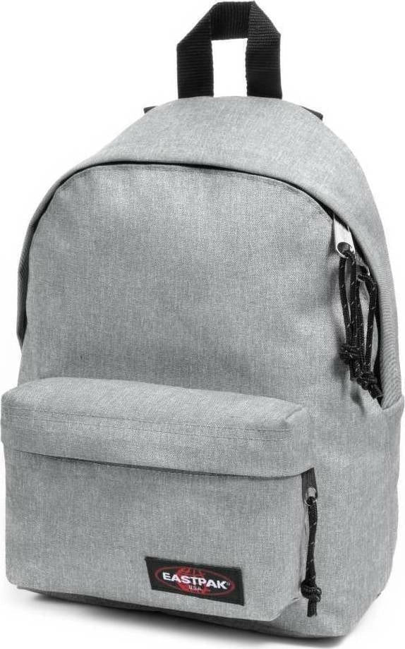 Eastpak grey canvas backpack with front zip pocket, black straps, and logo patch