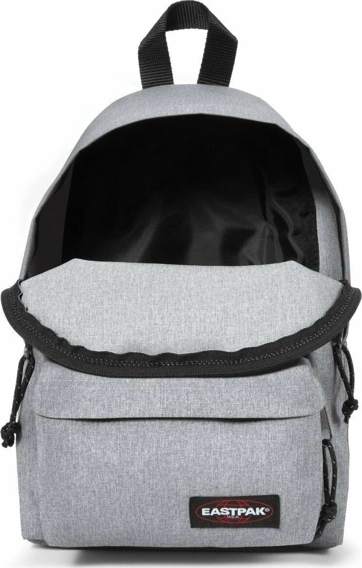Eastpak grey backpack open top with black interior, front logo patch, side drawstrings