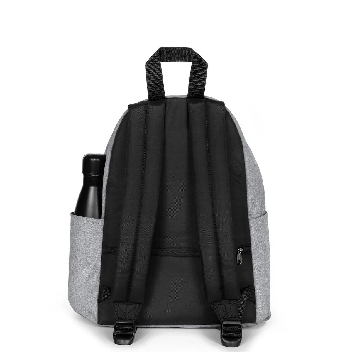 Black mini backpack with grey side panels, padded straps, and bottle pocket