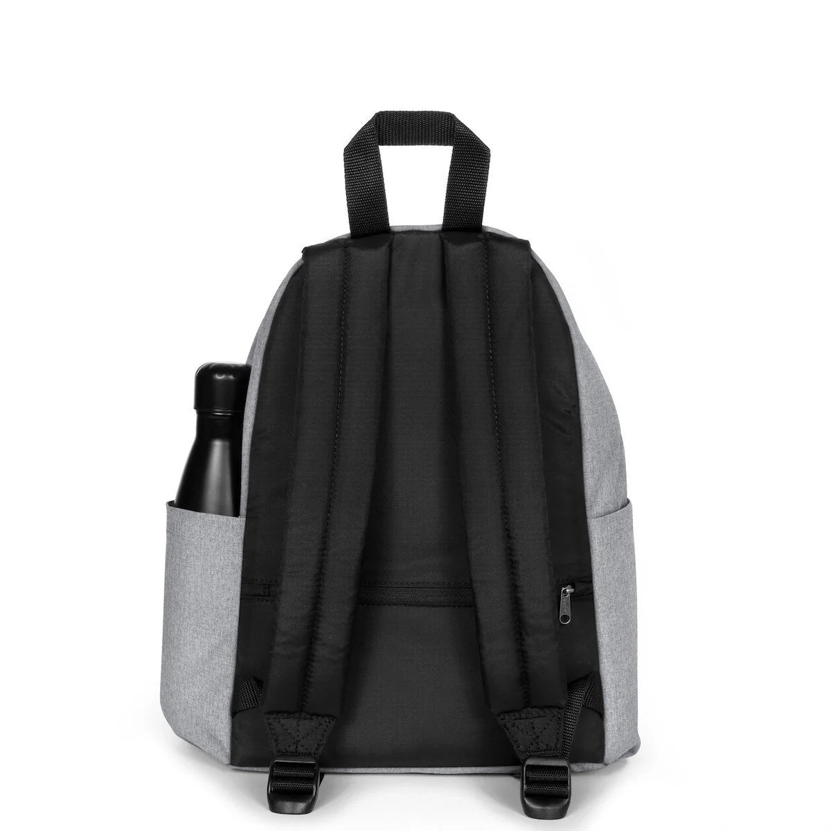 Light grey Eastpak backpack with padded back panel, black straps, and side bottle pocket