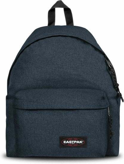 Denim mini backpack with front zipper pocket and EASTPAK logo, dark blue
