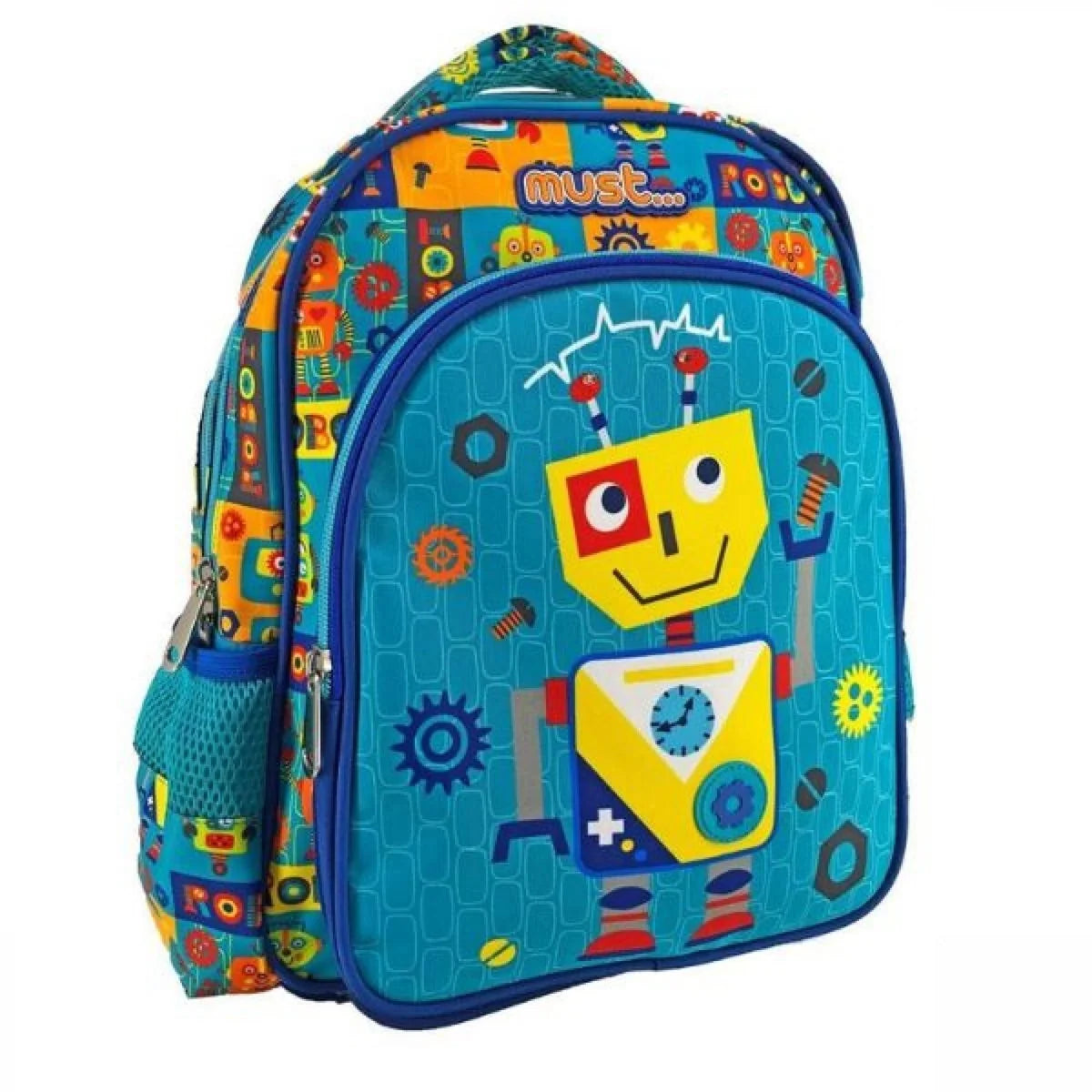 Blue kids robot backpack with two compartments, front pocket and mesh side pouch