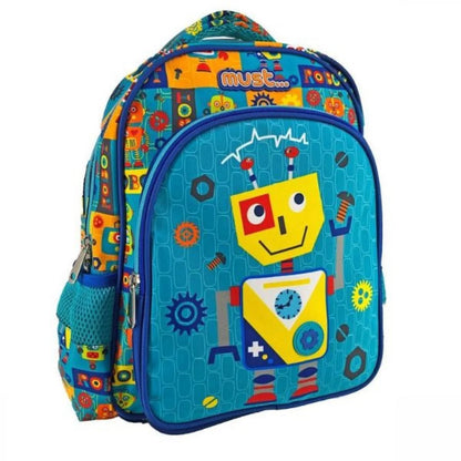 Blue kids robot backpack with two compartments, front pocket and mesh side pouch