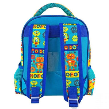 Blue robot backpack with adjustable padded shoulder straps and back panel