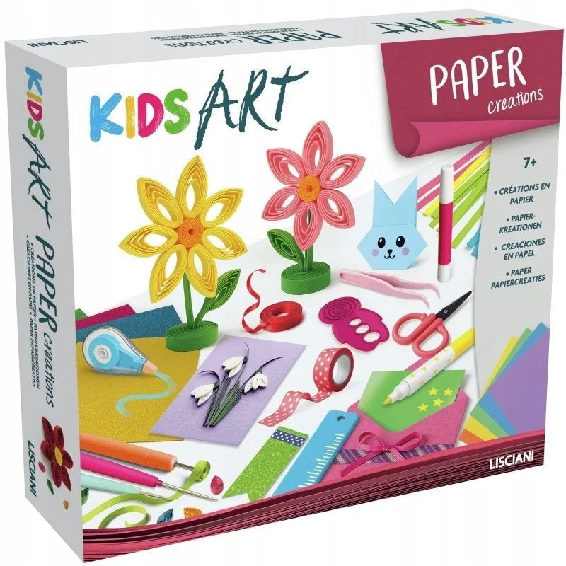 Kids art paper creation kit box with colorful paper craft shapes and pencils